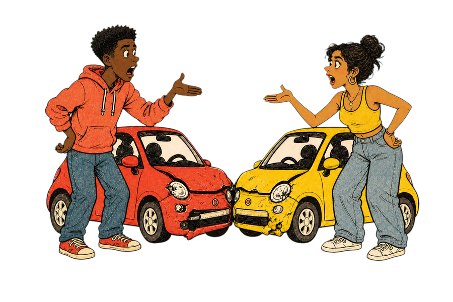 Two uninjured young drivers gesture beside their visibly damaged red and yellow cars.