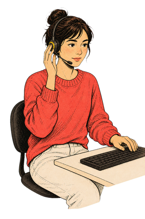 Illustration of a crisis helpline operator listening attentively through a headset.