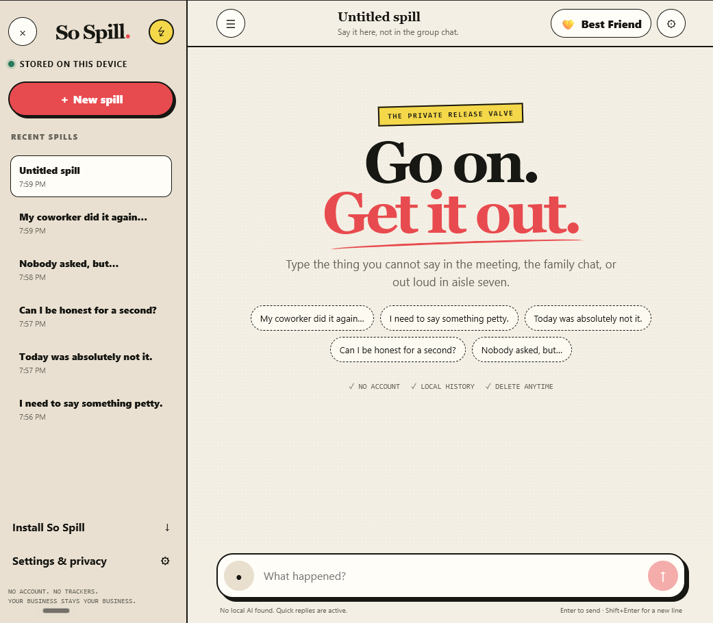 So Spill home screen with a populated list of recent spills stored in the local sidebar.